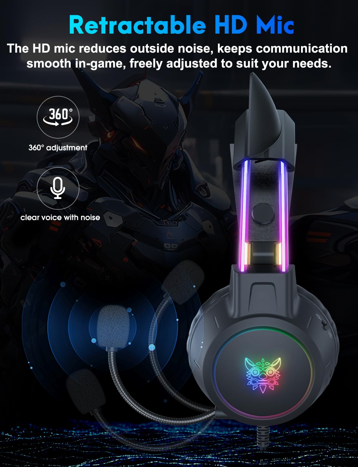 ONITOON Lightweight Gaming Headset with Detachable Cat Ears, RGB Lighting, Wired Over Ear Headphones with Mic for PC, PS4, PS5, Switch, Stereo Surround Sound, Self-Adjusting Headband