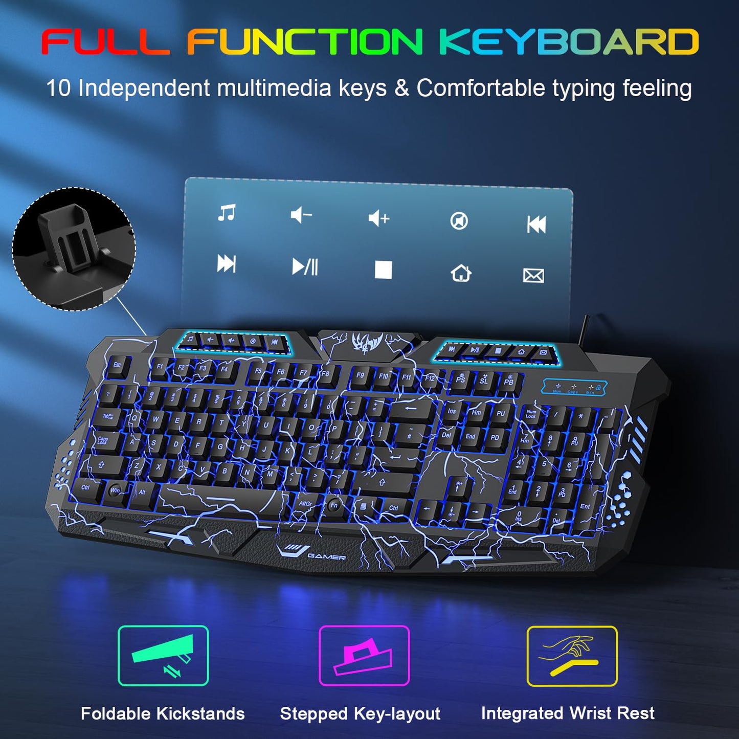 BlueFinger Gaming Keyboard and Mouse,USB Wired Backlit Gaming Mouse and Keyboard Combo,Letters Glow, 3 Color Crack Backlit,Illumination Keyboard and Mouse Set for Game and Work