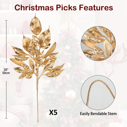 5 Pcs Fake Leaves Plants for Christmas Decor 20 Inch Metallic Gold Artificial Magnolia and Bay Leaves Faux Tropical Leaves with Stems for Holiday Party Decor Christmas Mantle Garland Wreath - Gold
