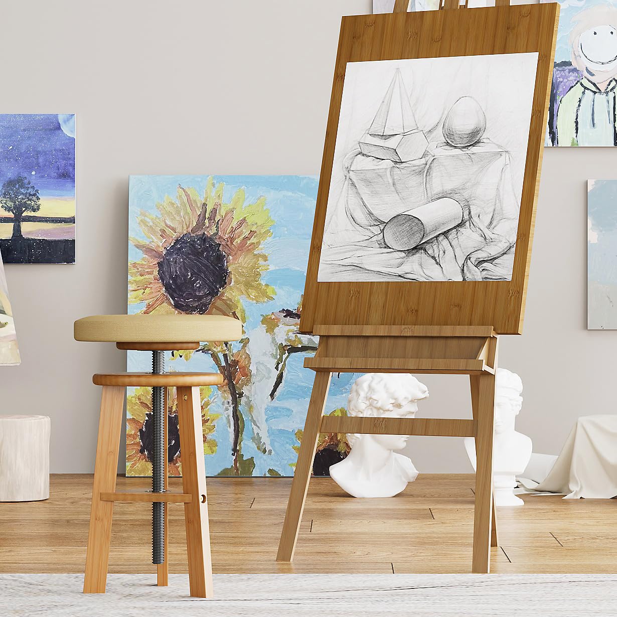 Trironsun Adjustable Height Bamboo Drafting Stool with Canvas Padded Seat 19"–26" Swivel Drafting Chair for Drawing, Painting, Office, Kitchen, or Home Studio Natural Finish