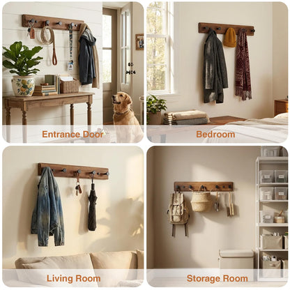POZEAN Wooden Coat Rack Wall Mount, 2 Pack Wall Mounted Coat Hangers with 5 Smooth Round Hooks, Space Saving Organizer for Entryway,Bathroom, Clothes, Jackets, Hats, Keys(‎Brown Plate & Black Hooks)