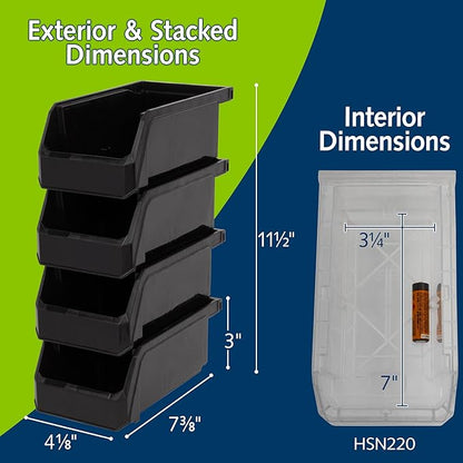 ReadySpace Plastic Containers for Organizing and Storage Bins for Drawers, Desks, Office Organization, and Garage, Stackable Bins, Small (3" x 7" x 4"), 12-Pack, Black