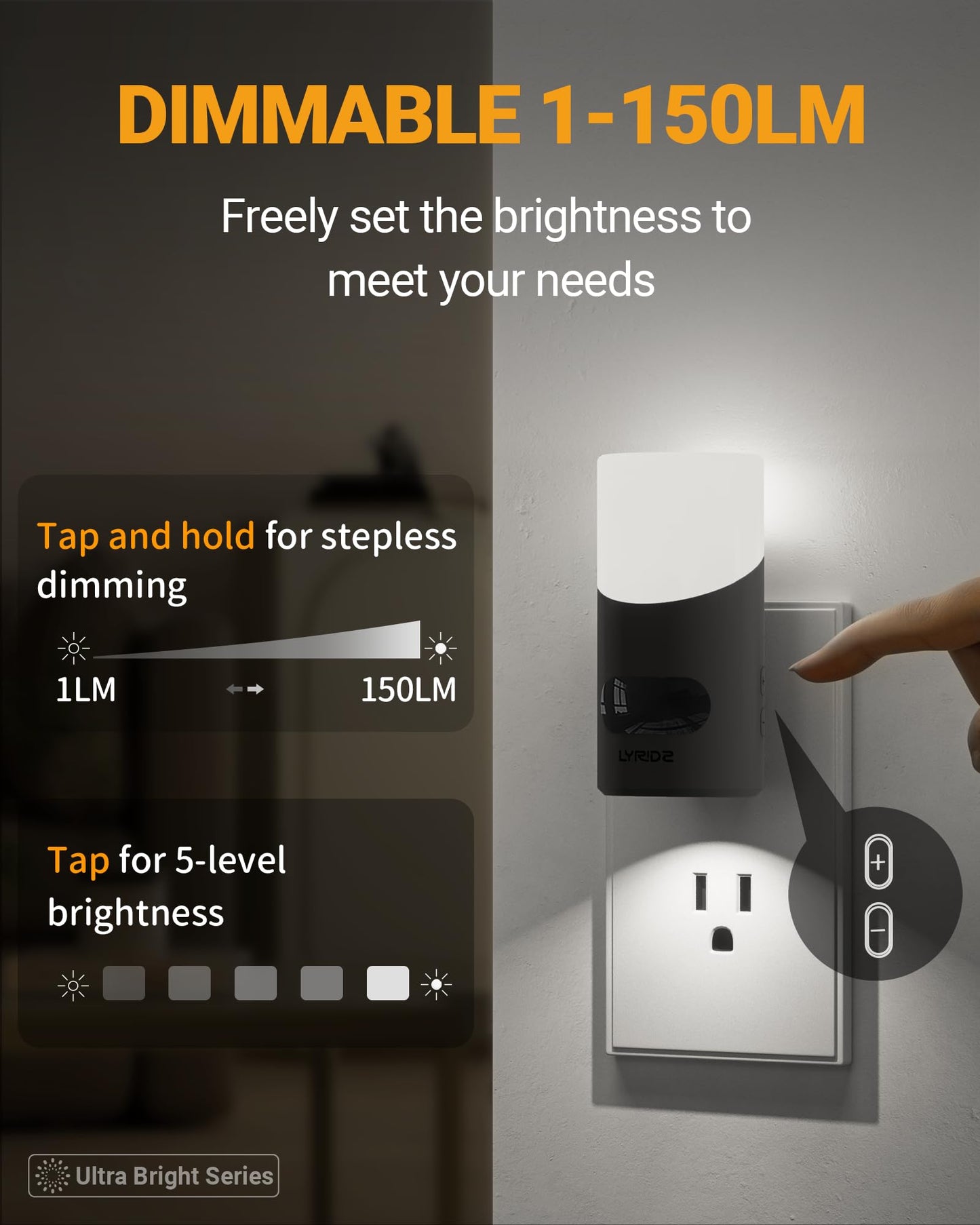 Lyridz LED Night Lights Plug into Wall with Motion Sensor, 1-150LM Dimmable Plug-in Nightlight Indoor for Bedroom, Bathroom, Hallway, Stairs, Pet House, Toilet, 2 Pack