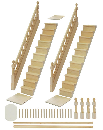 iLAND 1/12 Scale Accessories of Miniature Wooden Dollhouse Staircase with Adjustable Handrails and DIY Railing Complete 2 Stairs Sets for Modern or Victorian Dollhouse Building