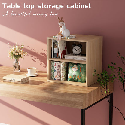 Garden 4 you Cube Storage Organizer Shelf, 2 Tiers Stackable Bookshelf, Wooden Display Bookcase with 2 Cube Storage, Small Storage Cabinet for Living Room Bedroom, Natural
