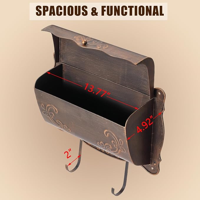 Wall Mount Mailbox with Newspaper Holder, Vintage Metal Wall Mailboxes for Outside, Decorative Front Porch Mail Box Mounted, Horizontal Mailbox with Antique Floral Design for Outdoor and House Garden