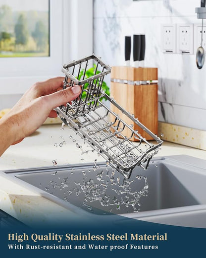 Consumest Sponge Holder for Kitchen Sink, Sink Caddy Organizer with Removable Drip Tray, Countertop Dish Soap Holder and Brush Holder, 304 Stainless Steel - Sand Nickel