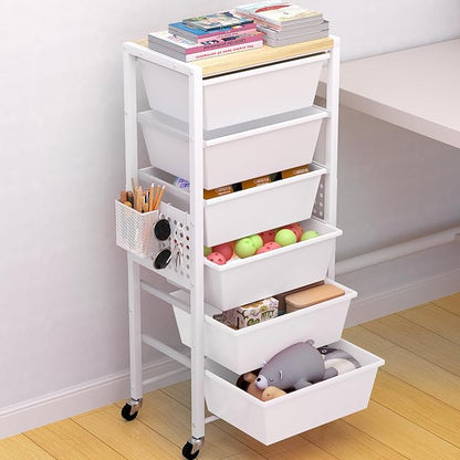 Rolling Cart with Drawers, Rolling Storage Cart with 6 Large Plastic Drawers & Wooden Tabletop, Utility Cart with Pegboards & Basket, Storage Drawers Cart for Living Room, Classroom, Bedroom, Office