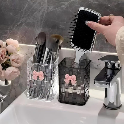 CCREDONE Acrylic Pen Holder for Desk, Clear Pencil Organizer Makeup Brush Cup Holders with Bow Back To School Accessories for Teachers Appreaction Present (Transparent)