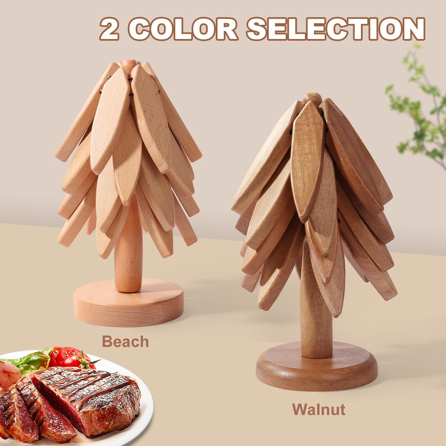 OKOM Wooden Trivets for Hot Dishes - 4+1 PCS Tree Shape Set, Foldable Hot Pot Holders for Kitchen Decor and Use (Beech)