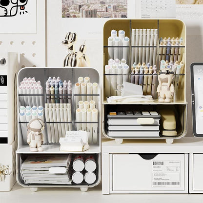 Pen Organizer for Desk, Desk Organizer with Drawer, Multi-Functional Pencil Holder with 6 Compartments and 1 Drawer Organization Storage Accessories for Office Home School Workspace (White)
