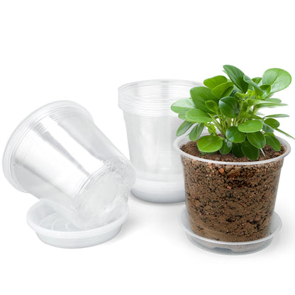 FUOAUYK 7 Inch Clear Nursery Pots with Drainage Trays, 15 Pack Plastic Pots for Plants, Clear Pot for Seed Starting, Transplanting, Succulents, and Indoor Gardening (7 inch)