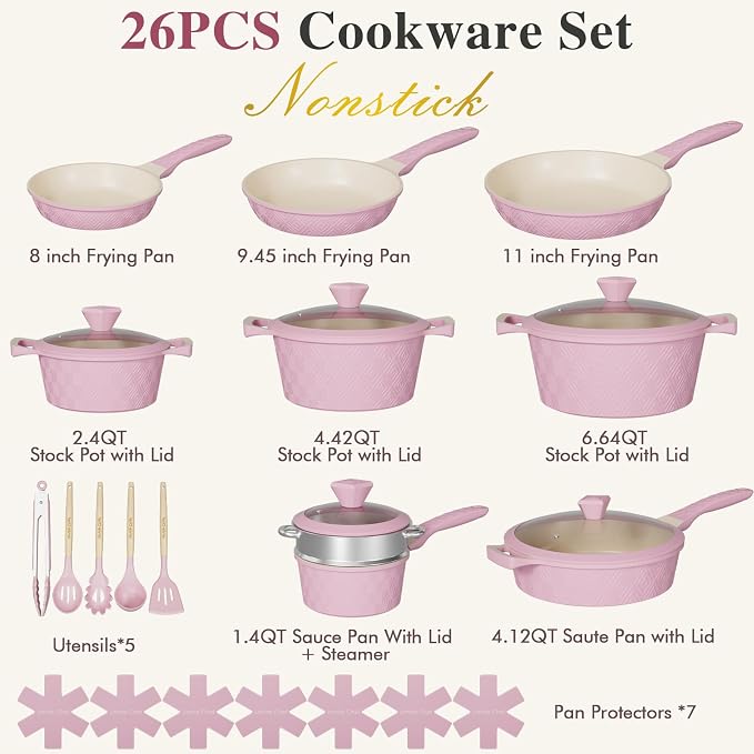 Pots and Pans Set Non Stick, 26PCS Nonstick Cookware Set, Induction Cook Ware, Includes Steamer & Silicone Utensils, Housewarming Gift, Pink Kitchen Cooking Sets w/Frying pan (PFOS, PFOA Free)