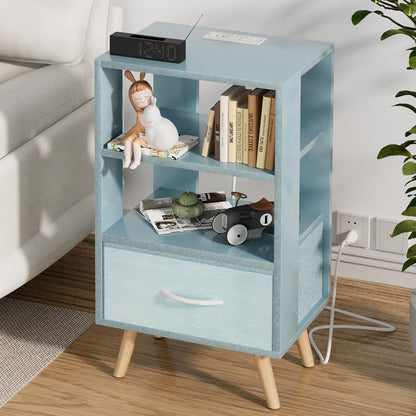 Aenuert Night Stand with Charging Station, Blue Nightstand with Drawer, 3-Tier Wooden Bedside Table with USB Ports and Outlets, End Table for Small Space, Living Room, Bedroom