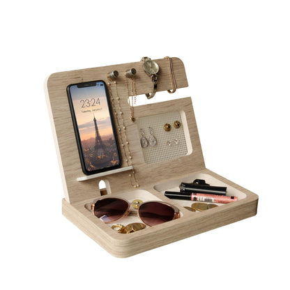 Namore Nightstand Organizer for Women – Wood Phone Docking Station & Jewelry Valet Tray for Phone, Earrings, Wallet & Keys – Unique Gifts for Women, Wife, Mom