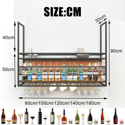 amhricho 39.3in Ceiling Wine Glass Rack, 2-Tier Wooden Hanging Wine Rack, Industrial Black Metal Hanging Wine Storage Holder, with Glass Holder for Restaurant, Bar (BLACK, 39.3 * 11.8 * 35.4INCH)
