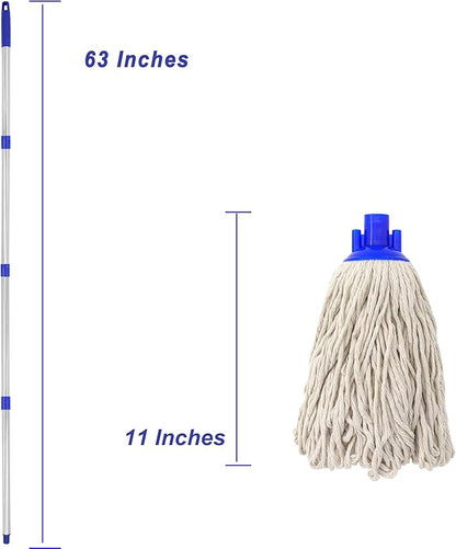 Cotton Cloth Mop, 4 Section Stainless Steel Pole + Two Cotton String Mop Heads