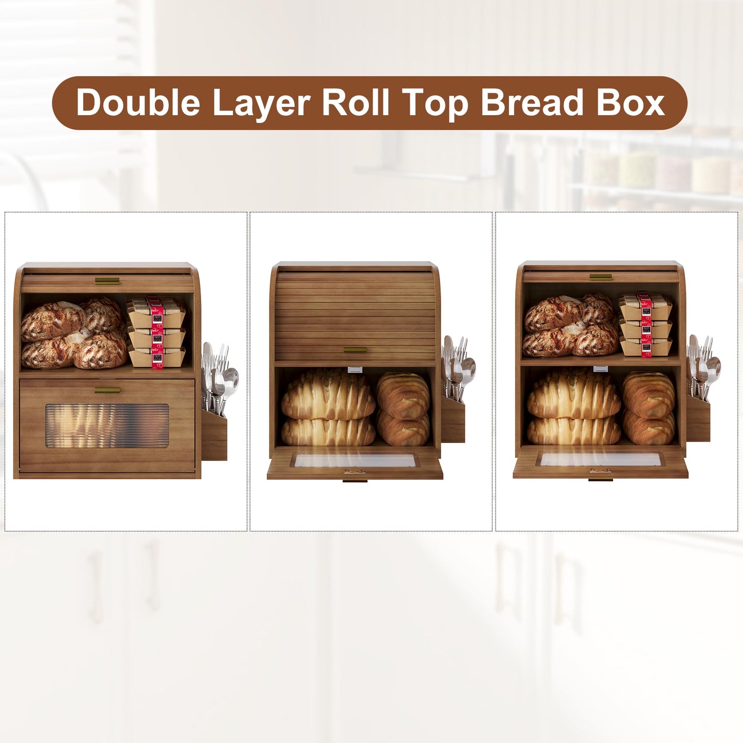 TQVAI Roll Top Bread Box for Kitchen Countertop, Keep Fresh Longer, Easy to Maintenance, Double Layer Vintage Wooden Breadbox with Window for Homemade Bread, Sandwich Loaves, Baked Goods (Retro Brown)