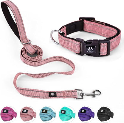 NESTROAD Dog Collar and Leash Set,Reflective Dog Collars with Quick Release Buckle,Adjustable Nylon Pet Collar for Small Medium Large Dogs(Medium,Pink)