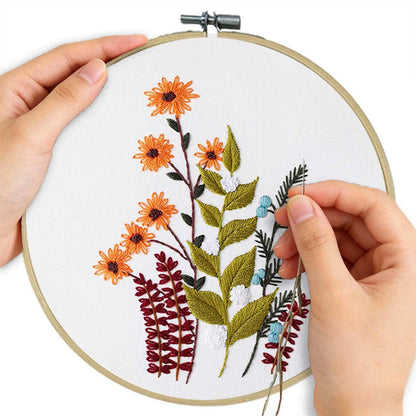 DMFXNBLM Embroidery Kit for Beginners, 4 Floral Pre-PrintedPatterns, Includes Multiple Accessories, with Step-By-Step Instructions and Clear Videos, Complete Kit Gift for Craft Lovers