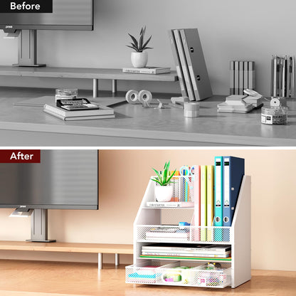 Homsorout Wooden Desk Organizer - Mesh File Organizer with Drawers and Pen Holder - 4-Tier Vertical Paper Letter Storage Tray, Desktop Organizers and Accessories for Home Office （White