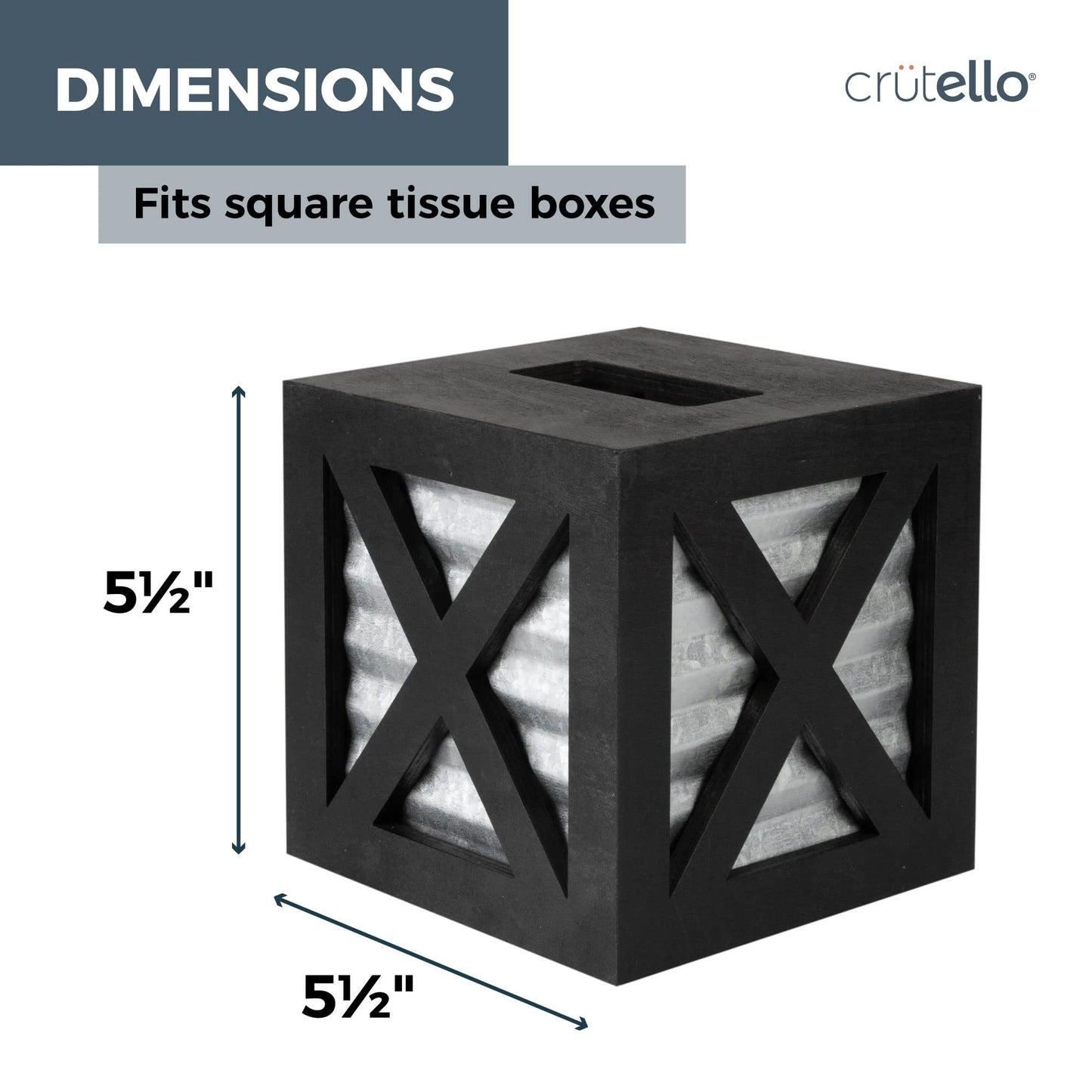 Crutello Wooden X Frame Tissue Box Cover with Galvanized Siding Backing- Rustic Farmhouse Black Wood Tissue Holder