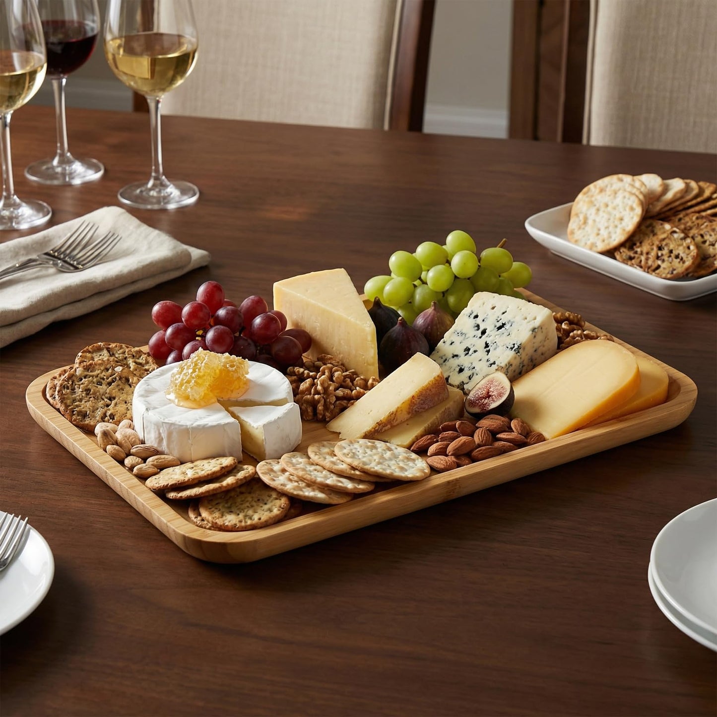 LEXININ 4 Pcs 14 x 9.4 x 0.6 Inch Bamboo Serving Tray, Wooden Platter Rectangular for Tea Coffee Cheese Fruit