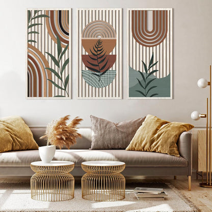 IARTTOP Large Boho Wood Wall Art 16x32 Inch Mid Century Modern Bohemian Wooden Wall Decor Brown Minimalist Geometric Plant Decor for Bedroom Living Room Dining room Set of 3