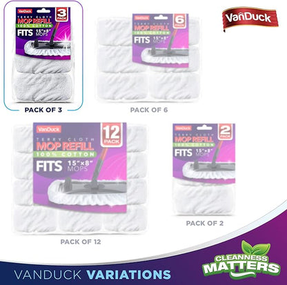 VanDuck 100% Cotton Terry Mop Pads 15x8 Inches 3-Pack, Terry Cloth Mop Covers