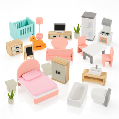 Wooden Dollhouse Furniture Set，Miniature Doll Furniture Accessories with 5 Rooms,for Kitchen, Living Room, Bedroom, Bathroom, Babyroom,Pretend Play Furniture for Toddlers 3 4 5 6 Years Old