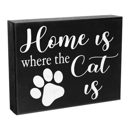 JennyGems Cat Mom Gifts, Home Is Where the Cat Is Wooden Sign, Shelf Decor and Wall Hanging, Made in USA