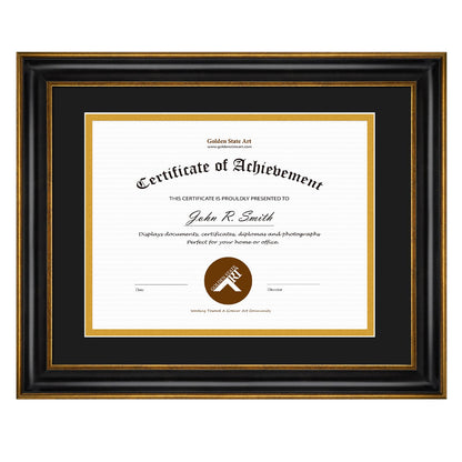 Golden State Art, 11x14 Vintage Antique Style Black Document Frame for 8.5x11 Diploma/Certificate, Sawtooth Hangers for Wall Mounting With Real Glass, Gold Trim (Black/Gold Double Mat)