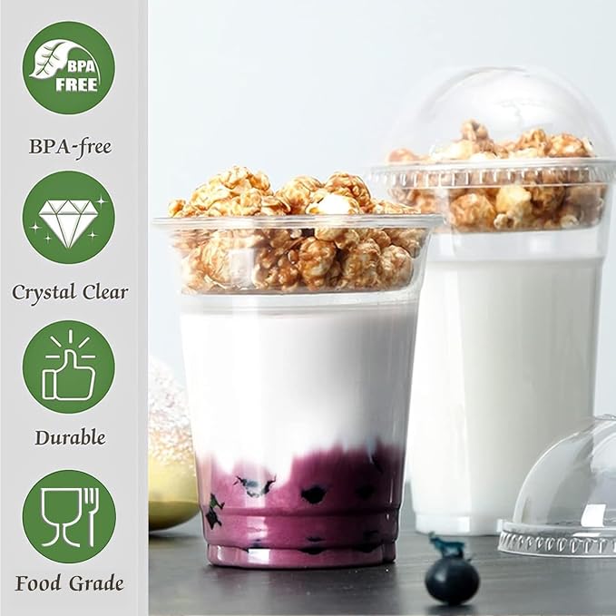 Zezzxu 50 Pack 12 oz Disposable Parfait Cups with Dome Lids No Hole, Toppings Compartment and Spork, Yogurt Conatiner with Granola Holder for Take Away Breakfast and Snacks, No Leaking