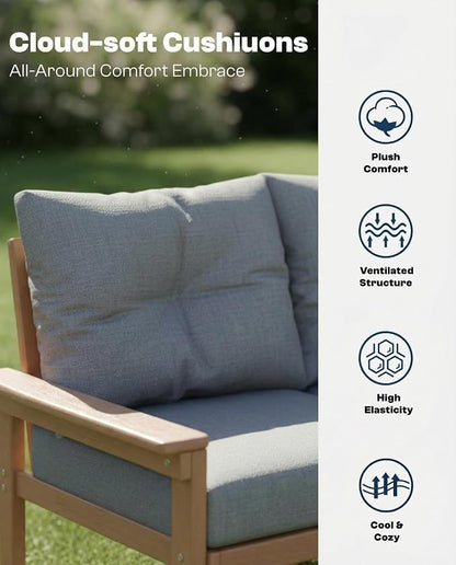 HDPE Outdoor Patio Furniture Set, 10-Piece Patio Conversation Set with 3-Seat Sofa, 4 Armchairs, 2 Side Tables & 1 Coffee Table, All-Weather Outdoor Sofa Set for Deck, Porch, Garden (Teak Frame)