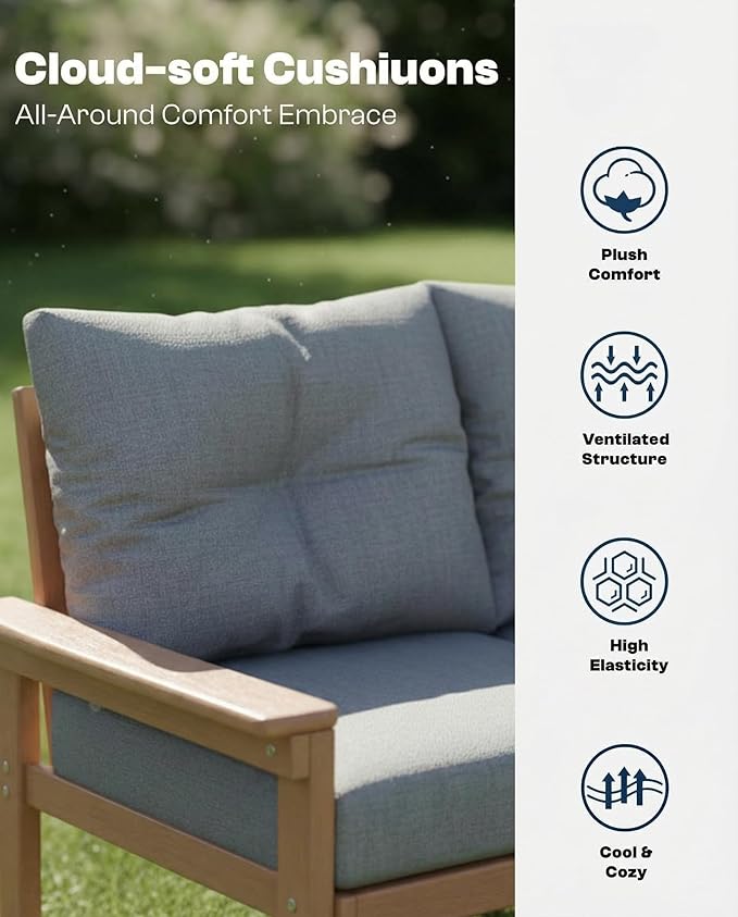 HDPE Outdoor Patio Furniture Set, 7-Piece Patio Conversation Sets with Coffee Table & Side Table & Grey Washable Thick Cushions, Outdoor Sofa for Balcony, Porch, Poolside (Teak Frame)