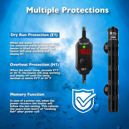 AquaMiracle Submersible Aquarium Heaters, 200W Fish Tank Heater with LED Digital Temp Display, Dry-Run Auto Power-Off & Overheat Protection, for Freshwater and Saltwater Tanks (20-40 Gal)
