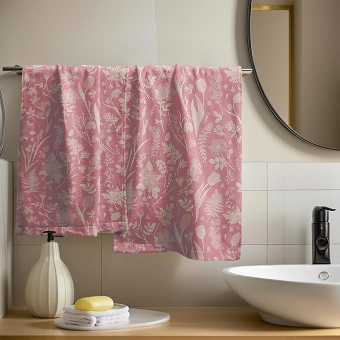 Pink Spring Floral Hand Towels for Bathroom Set of 2 Flower Leaves Vintage