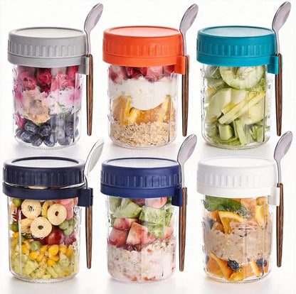 6 Pack Overnight Oats Containers with Lids and Spoons, 16 OZ Glass Oatmeal Container With Measurement Marks for Chia Pudding, Yogurt, Breakfast, Airtight Leak Proof, Clear