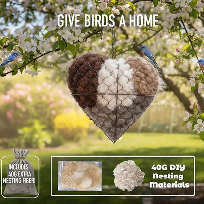 Handmade Fiber Bird Nesting Heart, Refillable Birds Haven 1 Heart Shape Hummingbird Nesting and 2 Bags of Nest Materials, Winter Fowl Gifts Animal Hummingbirds Lovers Home Garden Yard(3Set)