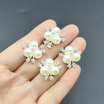 YOOGCORETT 10pcs Pearl Rhinestone Flower Buttons Flat Back Embellishments Sew On Buttons for DIY Craft, Bags Shoes Dress Decoration, 21 x 21mm, Silvery