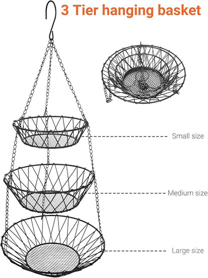 3 Tier Hanging Basket with Sturdy Metal Chain Hanging Hooks Fruit and Vegetable
