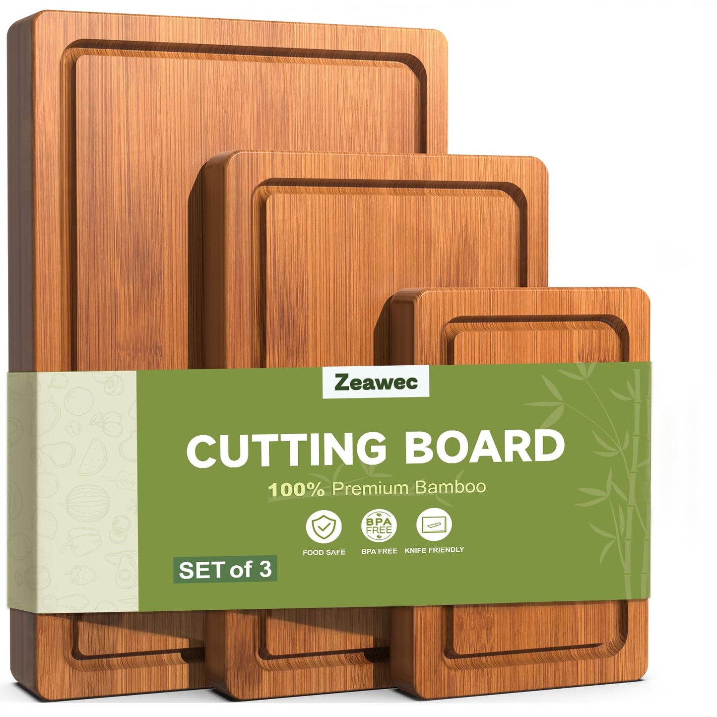 Zeawec 3-Piece Set Deep-Carbonized Bamboo Cutting Board for Kitchen - Crack-Resistant Wood Chopping Boards with Deep Juice Grooves, Pre-Oiled Butcher Block for Meat, Vegetables & Cheese, Carbonized