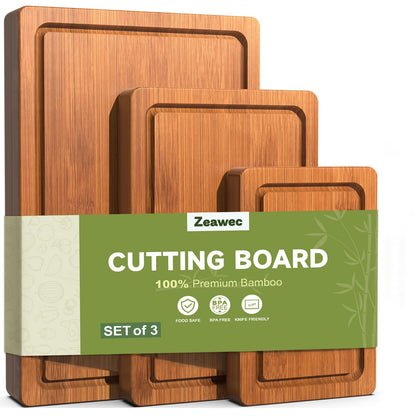 Zeawec 3-Piece Set Deep-Carbonized Bamboo Cutting Board for Kitchen - Crack-Resistant Wood Chopping Boards with Deep Juice Grooves, Pre-Oiled Butcher Block for Meat, Vegetables & Cheese, Carbonized