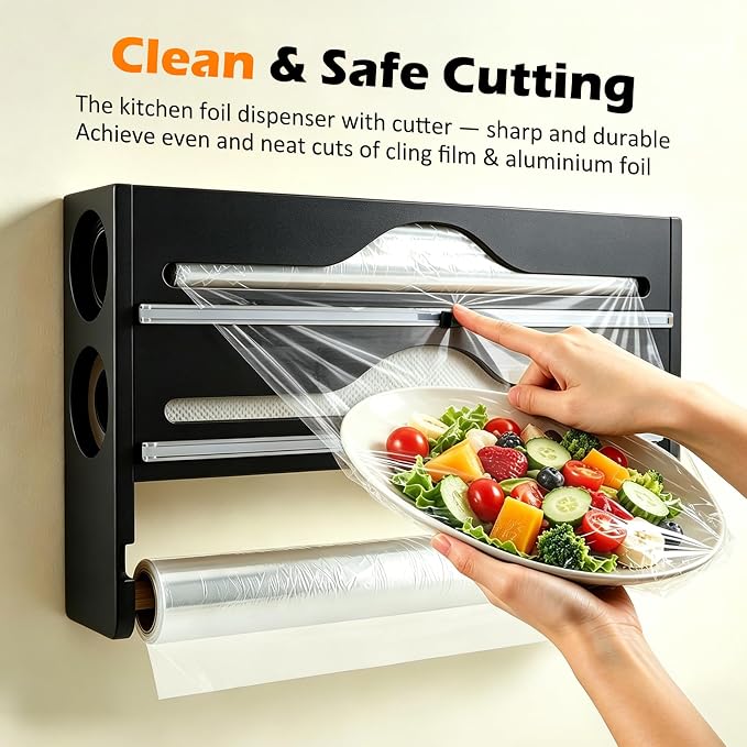 Plastic Wrap Dispenser with Cutter, 3 in 1 Tin Foil Wrap Dispenser Wall-Mounted Organizer for Baking Paper, Foil Dispenser with Cutter Wax Paper Holder Kitchen Storage Box (black)