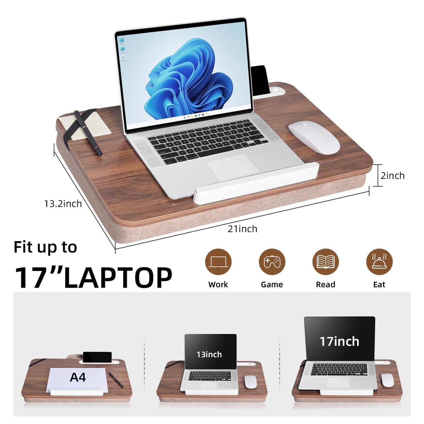 wishacc Lap Desk with Cushion and Hidden Book Clips, Wooden Bed Desk for Laptop and Writing, Cushioned Laptop Tray for Couch, Portable Lap Desk for Adults, Car Laptop Couch Table (Fits up to 17")