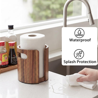 Premium Wood Paper Towel Holder for Kitchen Countertop, Acacia Wooden Kitchen Towel Holder with Splash Guard, Handles & Weighted Non-Slip Base, Home Decor Essentials, for Kitchen, Bathroom, Bar