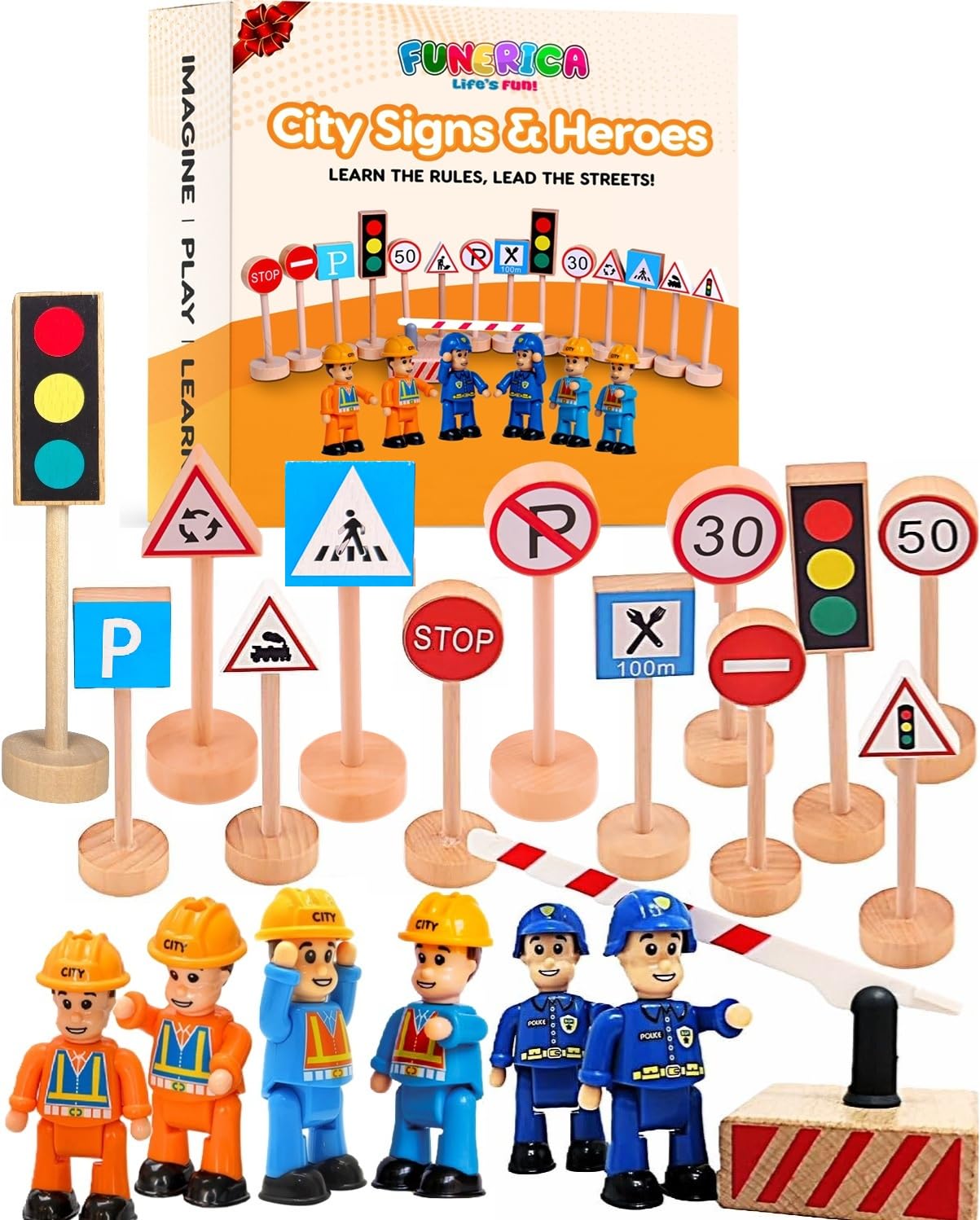 Wooden Traffic Signs & Community Helper Figures Toy Set – Includes Police, City & Construction Workers, Road Signs & Traffic Lights – Works with Train Tracks, Toy Cars, Play Rugs & Mats – Ages 3–10