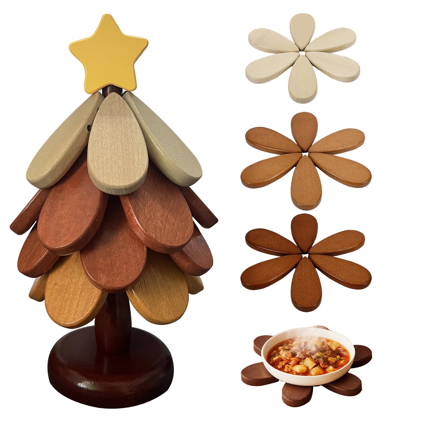 Wooden Trivets for Hot Dishes, Tree Shape Trivet Set, 4 Natural Solid Wood + 1 Stand stored Like a Christmas Tree,Foldable Kitchen Wooden Trivet for Pot Bowl Teapot Hot Pot Holder (Wood)