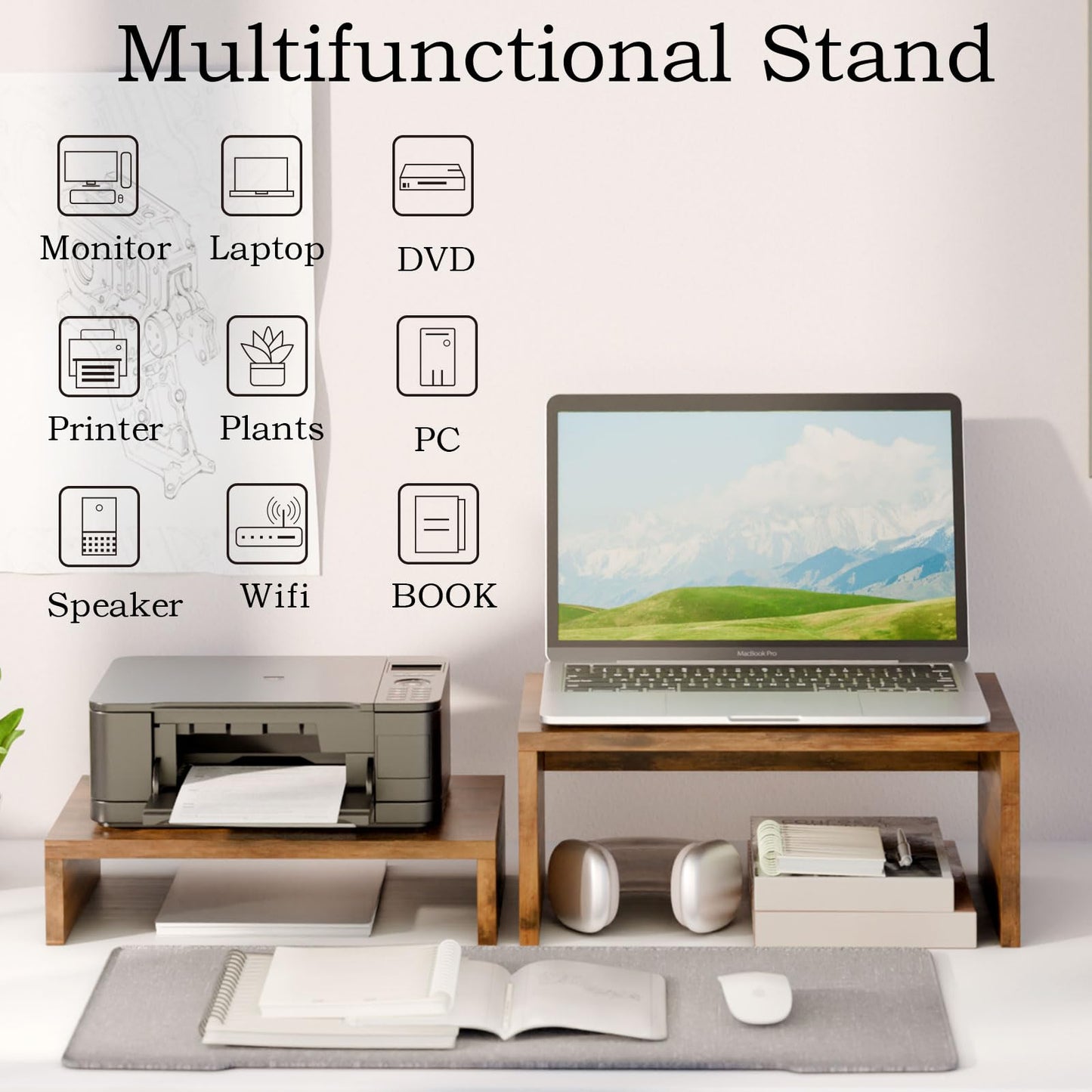 TEAMIX 2 Pack Monitor Stand Riser Rustic Brown,Wood 2 Tier Adjustable Monitor Stand Dual Monitor Riser for 2 Monitors/Laptop/PC Computer Stand Desktop Space Saver…