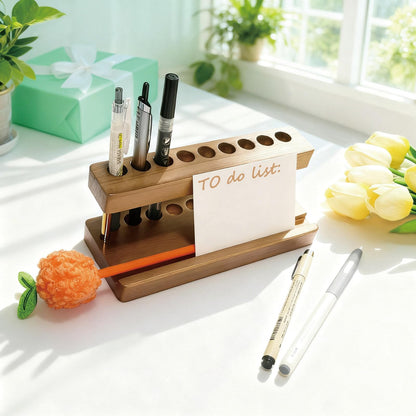 VOVCIG Multifunctional Wood Pen Holder for Desk,Fountain Pen Stand with 9 Slots and Phone Holder,for Office and Home Desk Decor